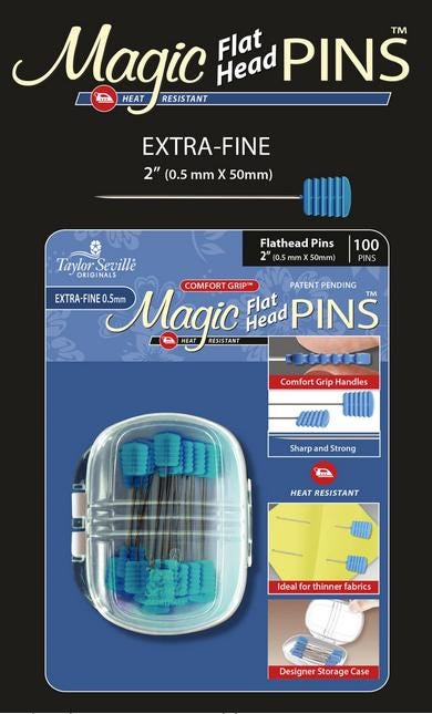 Magic Pins - 2" EXTRA FINE Flathead Patchwork, Taylor Seville 219959, 100 Piece Heat Resistant Fine Quilting Pins with Comfort Grip