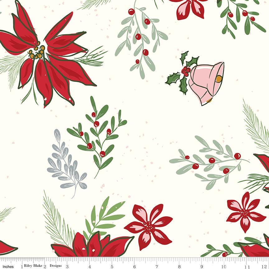 108" Mistletoe and Holly - 3 Yard Cut of Poinsettias on White Wide Quilt Back Fabric, Riley Blake 3YD-WB16409-Cloud