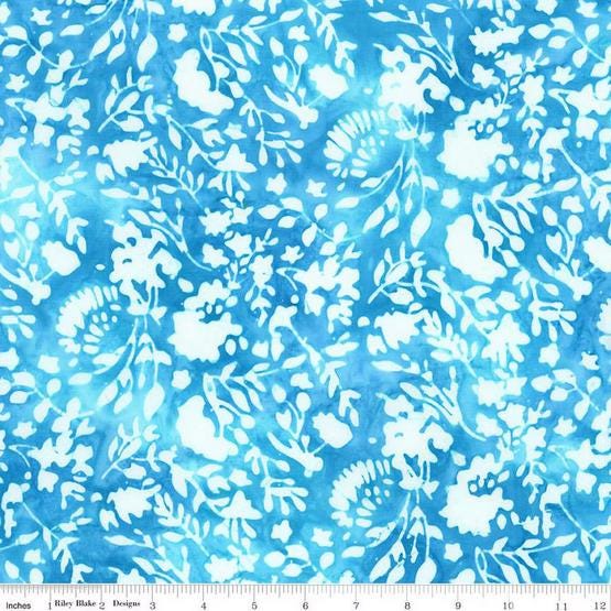 Expressions Batiks Plant Based - Blue White Floral Batik Fabric, Riley Blake BT23324-294 Ocean Blue, By the Yard