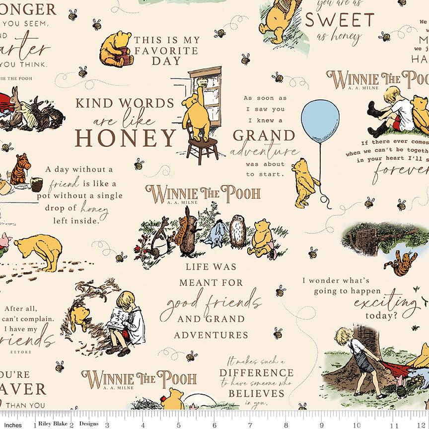 Winnie the Pooh - Classic Pooh Scenes on Cream Fabric, Riley Blake C17000-Cream, Children's Baby Pooh Quilt Fabric, Echo Park Paper Co