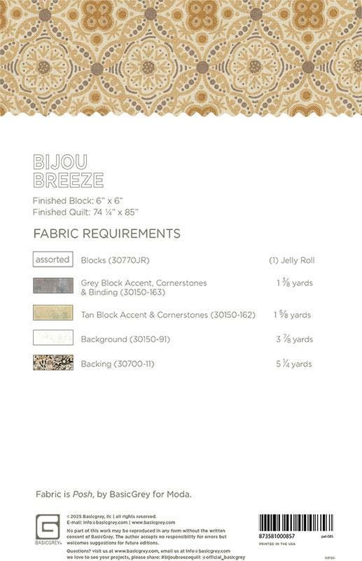 Bijou Breeze Quilt Pattern, BasicGrey PAT085, Jelly Roll Friendly Chandelier Throw Quilt Pattern