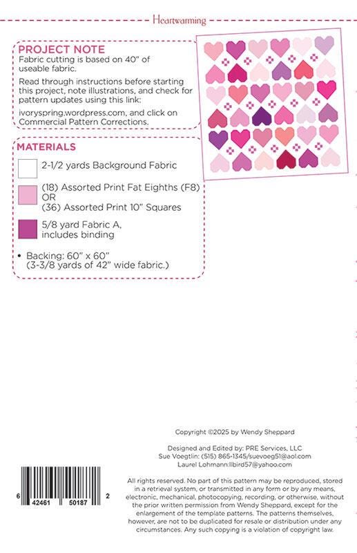 Heartwarming Quilt Pattern, Wendy Sheppard WS96, 10" Precut Layer Cake Squares Fat Eighthts Friendly Hearts Lap Quilt Pattern