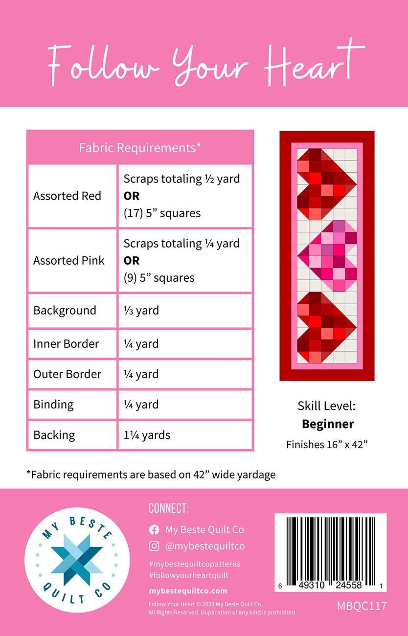 Follow Your Heart Table Runner Quilt Pattern, My Bestie Quilt Co MBQC117, Charm Squares Scraps Friendly Patchwork Hearts Table Quilt Pattern