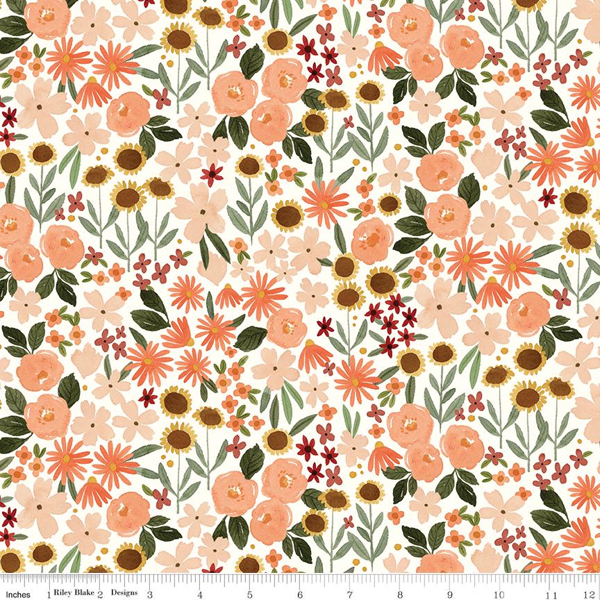 Happy Fall Days- Autumn Ditsy Floral on White Fabric, Riley Blake C16341-Cloud, Multicolored Packed Floral Sunflowers Cotton Fabric, Carlson