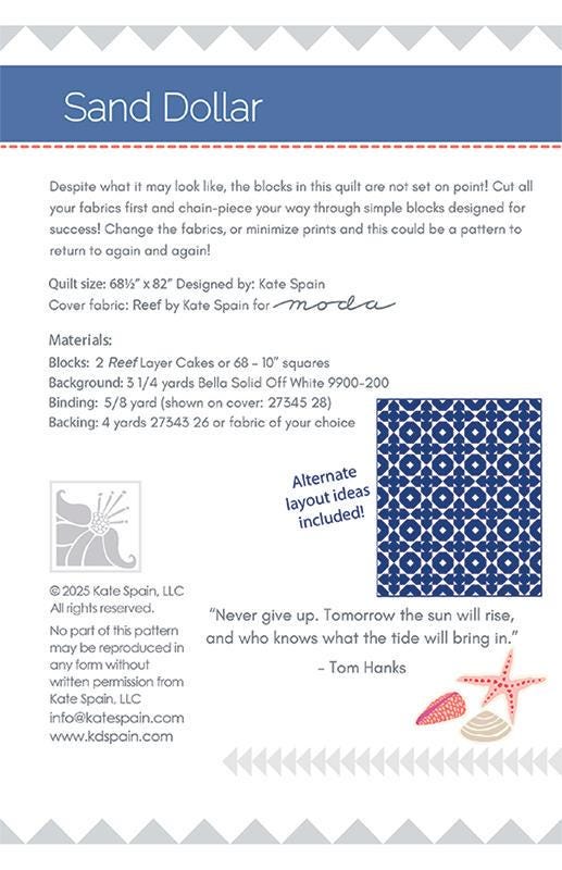 Sand Dollar Quilt Pattern, Kate Spain KS2502, Layer Cake Friendly Throw Twin Quilt Pattern, Reef Quilt Pattern