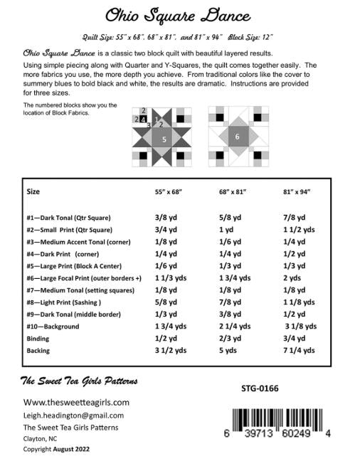 Ohio Square Dance Quilt Pattern, The Sweet Tea Girls STG0166, Yardage Friendly Ohio Star Lap Throw Bed Quilt Pattern