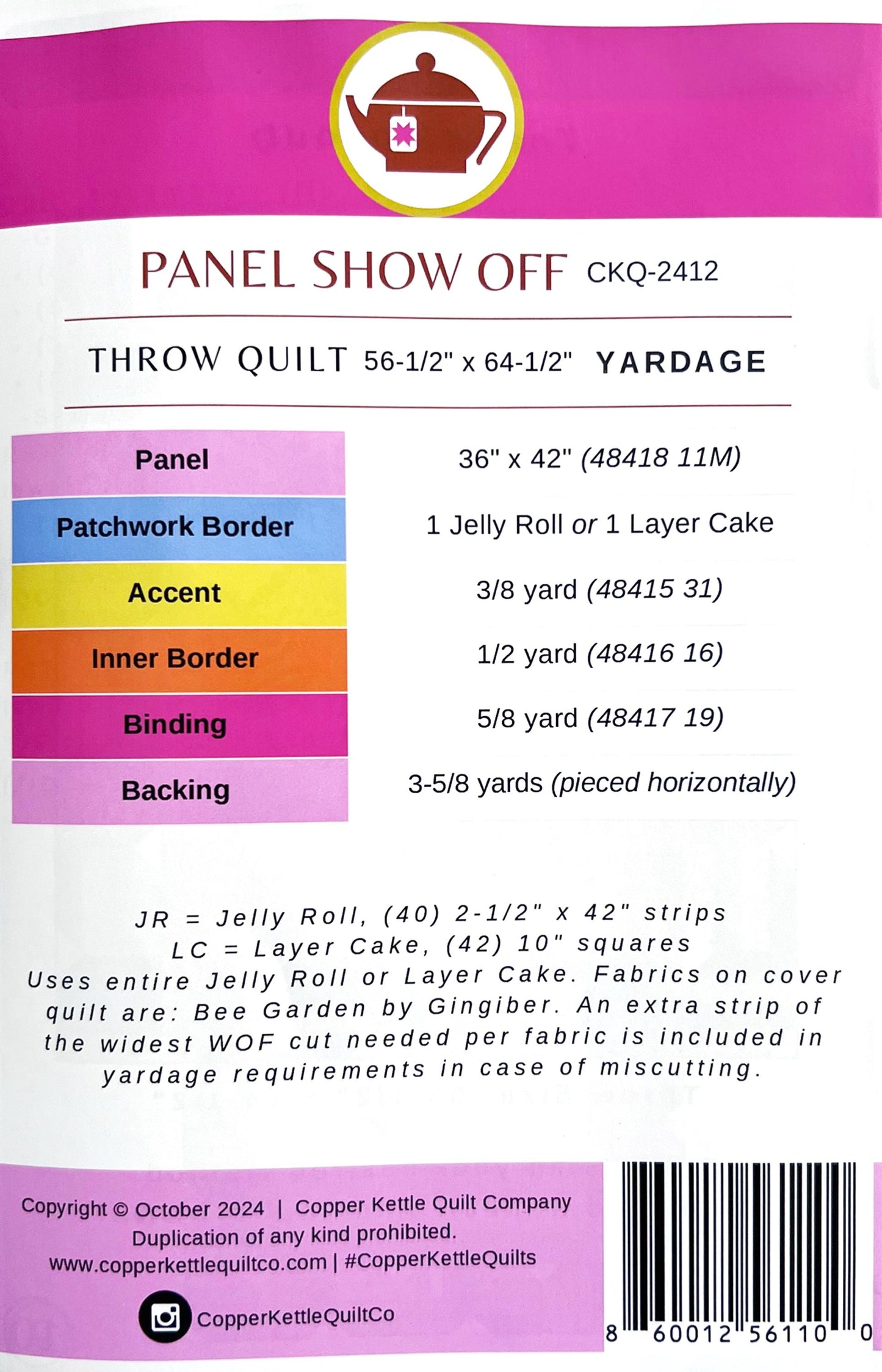 Panel Show Off Quilt Pattern, Copper Kettle Quilts CKQ-2412, Jelly Roll Layer Cake Panel Friendly Panel Frame Throw Quilt Pattern