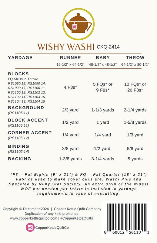 Wishy Washi Quilt Pattern, Copper Kettle Quilts CKQ2414, Fat Quarter Eighths F8 FQ Friendly Runner Baby Lap Throw Quilt Pattern