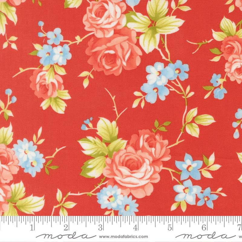 108" Rosie - Red Floral Wide Quilt Back Fabric, Moda 108038 14 Strawberry, Red Blue Green Cotton Sateen Quilt Backing Fabric, By the Yard
