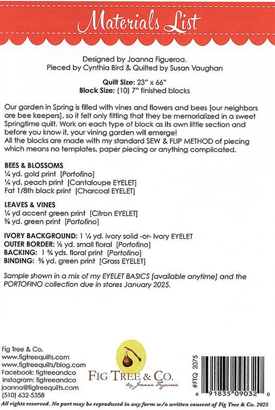 Bees and Blossoms Bed Runner Quilt Pattern, Fig Tree Co FTQ2075, Yardage Friendly Honeybees and Flowers Summer Bed Runner Quilt Pattern