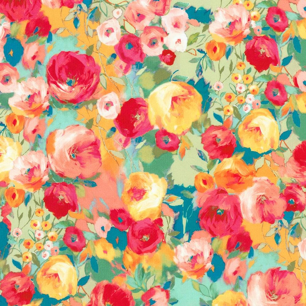 Painterly Petals Valley - Peach Teal Red Floral Fabric, Robert Kaufman SRKD-23408-269 Park, Painted Look Floral Fabric, By the Yard