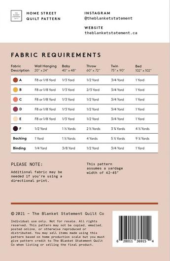Home Street Quilt Pattern, The Blanket Statement TBS015, Yardage Friendly Modern Contemporary Wall Baby Throw Twin Bed Quilt Pattern