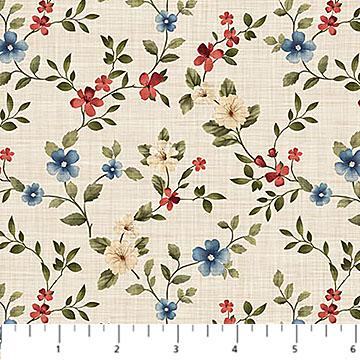 Farmhouse Sampler - Red Blue Flowers on Cream Fabric, Northcott 28604-11 Cream Multi, Woven Look Floral Cotton Quilt Fabric, By the Yard
