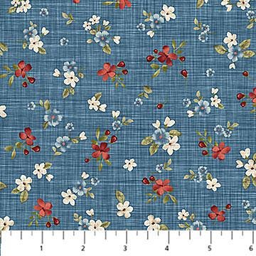 Farmhouse Sampler - Red Cream Flowers on Blue Fabric, Northcott 28605-44 Blue Multi, Woven Look Floral Cotton Quilt Fabric, By the Yard