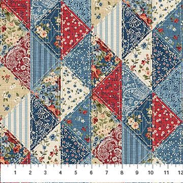 Farmhouse Sampler - Red Blue Floral Patchwork Cheater Fabric, Northcott DP28602-11 Cream Multi, Woven Look Floral Cotton Fabric, By the Yard