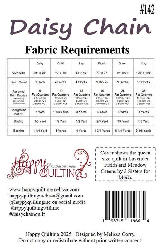 Daisy Chain Quilt Pattern, Happy Quilting HQ142, Fat Quarter FQ Friendly Baby Lap Picnic Twin Queen King Square Bed Quilt Pattern, Curved
