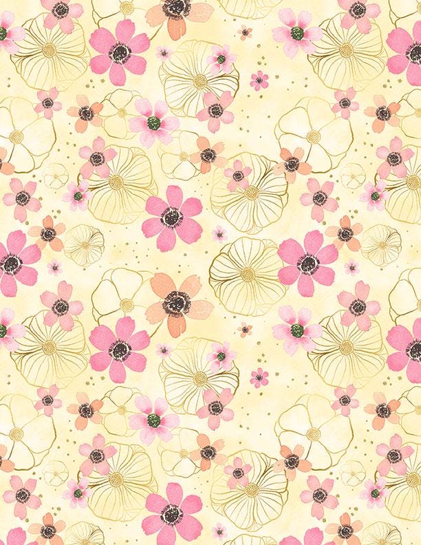 Peony Blossoms 5 Karat Crystals, Wilmington Prints 887-508, Precut 5" Pink Blue Yellow Floral Fabric Squares Charm Pack, Pooja Emrani