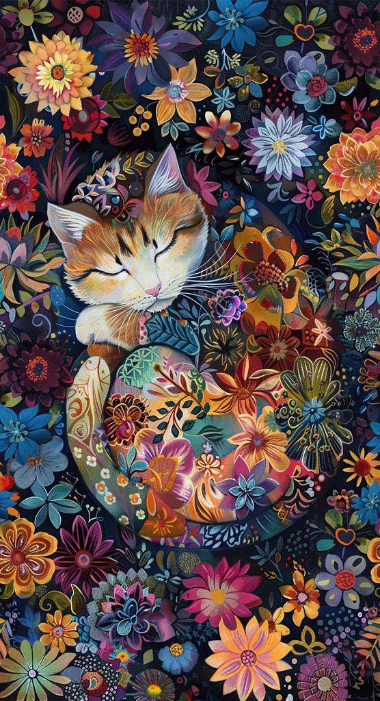 Calico Cat - Floral Cat 24" Fabric Panel, Timeless Treasures PANEL-CD4112 Black, Unique Cat Craft Panel