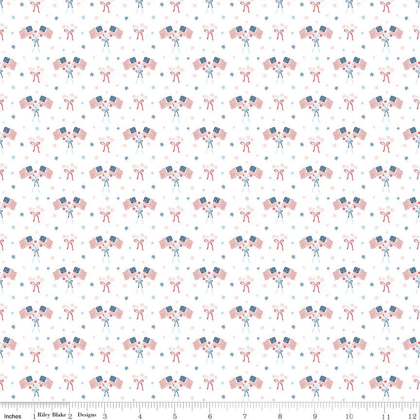 Firework Fields - USA Flags on White Fabric, Riley Blake C17586-White, Patriotic Cotton Quilt Apparel Fabric, By the Yard