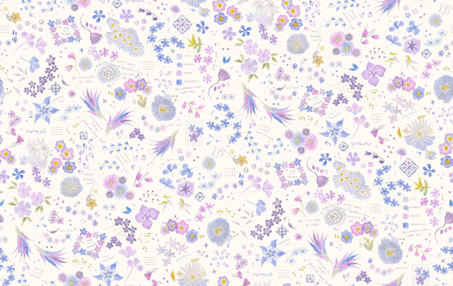 Delphiniums Charm Pack, Moda 24650PP, Precut 5" Lavender Pink Blue Watercolor Floral Quilt Fabric Squares, Janet Clare