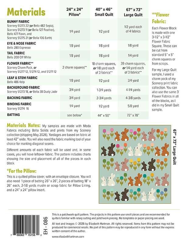 Cottontails Quilt and Pillow Cover Pattern, Elizabeth Hartman EH086, Charm Squares Yardage Friendly Bunnies Flowers Lap Throw Quilt Pattern