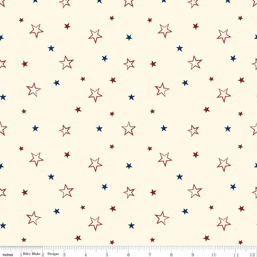 American Honor - Patriotic Red Blue Stars Cream Fabric, Riley Blake C17095-Cream, Patriotic Blender Background Cotton Fabric, By the Yard