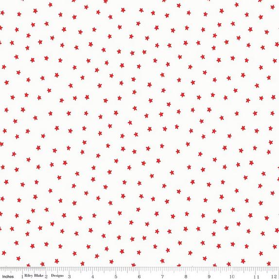 Sew America - Tiny Red Stars on White Fabric, Riley Blake C17354-White, Patriotic Star Cotton Blender Fabric, By the Yard