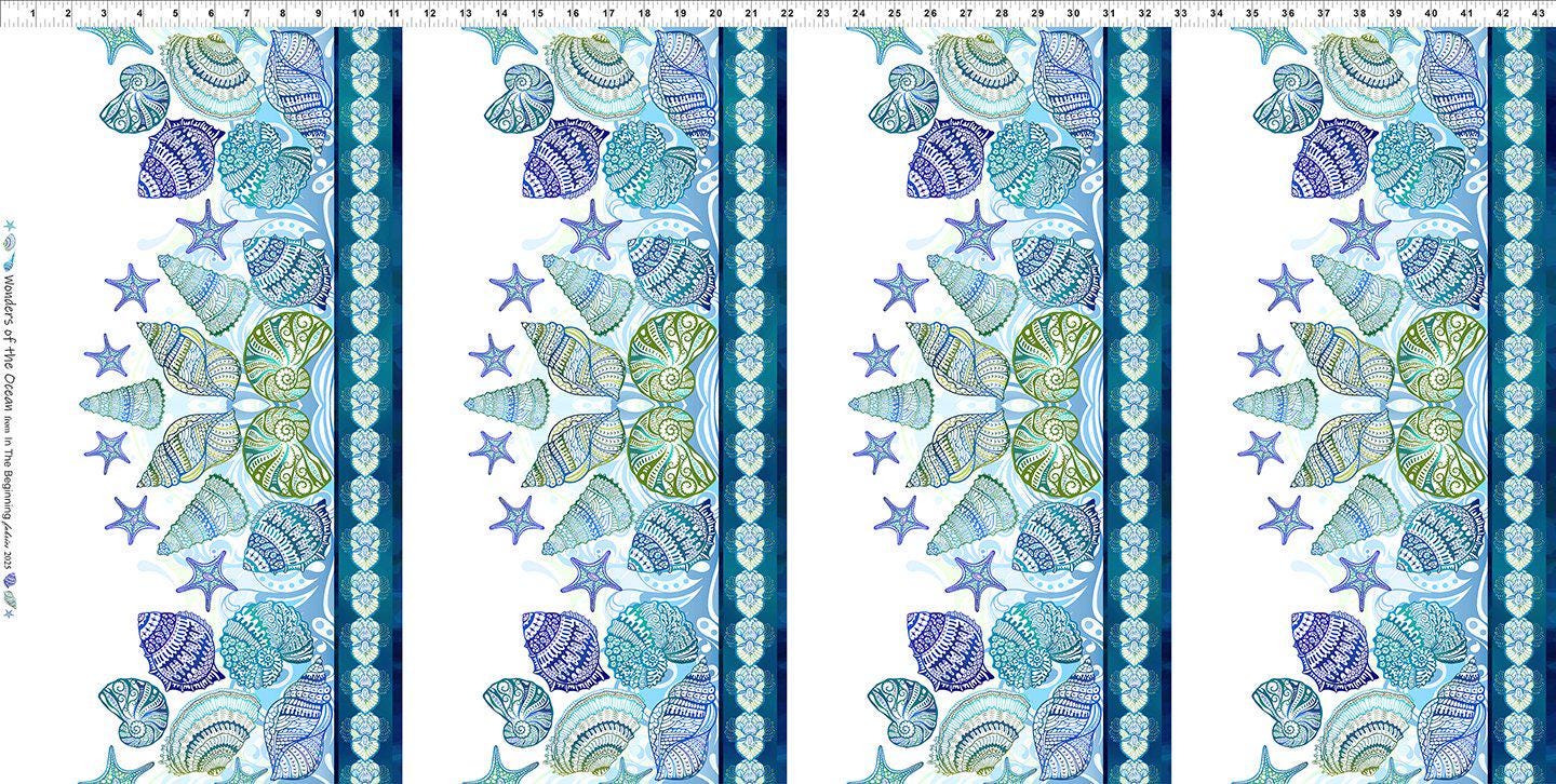 Wonders of the Ocean - Blue White Shells Border Print Fabric, In the Beginning 2WO-1 Blue, Beach Seashells Border Stripe Fabric