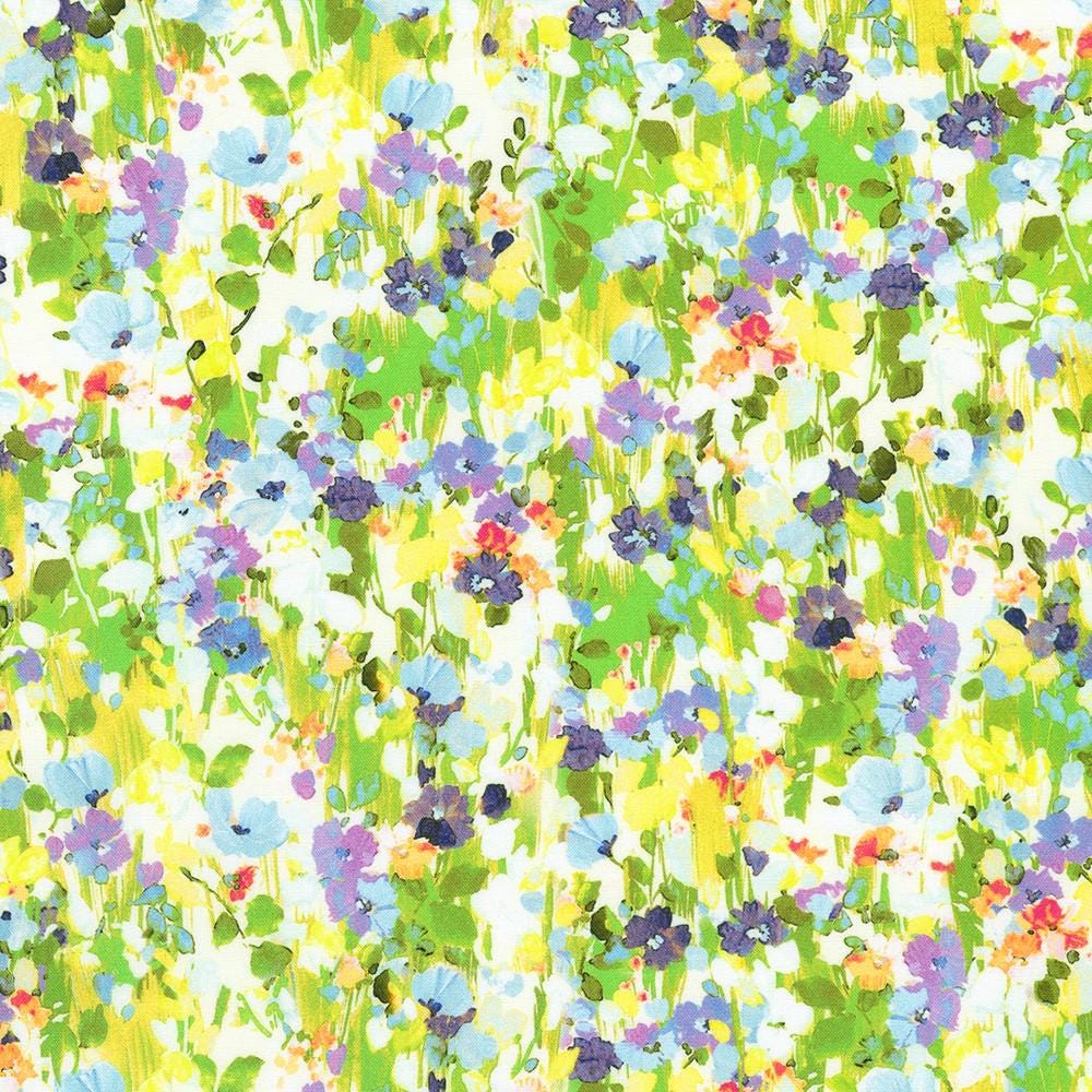 Painterly Petals Valley - Green Yellow Purple Floral Fabric, Robert Kaufman SRKD-23403-35 Sprig, Painted Look Floral Fabric, By the Yard