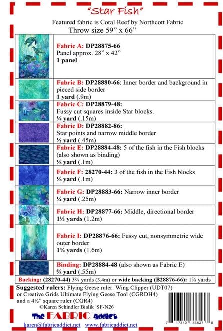 Star Fish Panel Frame Quilt PATTERN, The Fabric Addict FASFN26, Yardage Panel Friendly Stars Fish Panel Frame Throw Quilt Pattern, Bialik