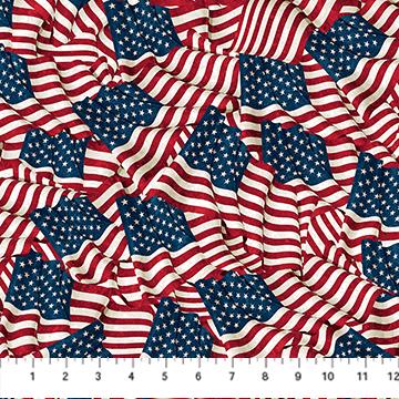 Stonehenge Stars and Stripes 13 - Waving USA Flags Fabric, Northcott 27882-49, Packed USA American Flag Toss Cotton Fabric, Ludovico