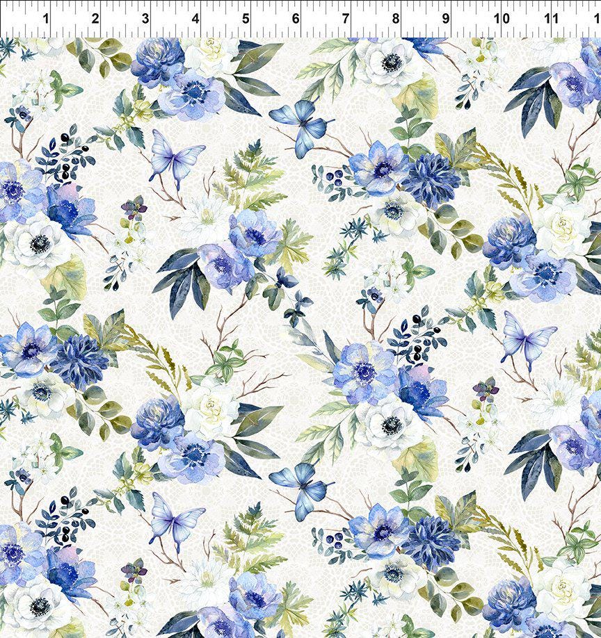 Sanctuary - Cream Blue Lace Floral Fabric, In the Beginning 3SA-1, Blue Flowers on Cream Fabric