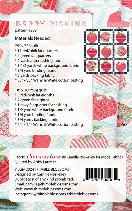 Berry Picking Quilt Pattern, Thimble Blossoms TBL288, Fat Quarter Friendly Strawbery Strawberries Square Throw Quilt Pattern