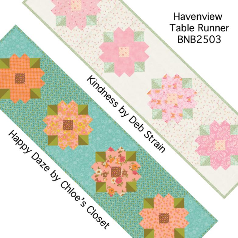 Havenview Table Runner Quilt Pattern, Branch and Blume BNB2503, Fat Eighths Yardage Friendly Flower Table Runner Quilt Pattern, Chrissy Lux