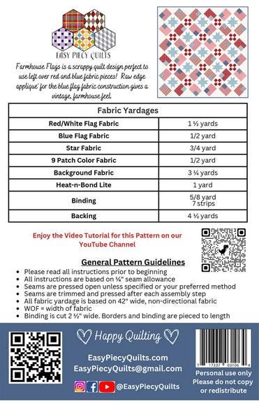 Farmhouse Flags Quilt Pattern, Easy Piecy Quilts EPQ134, Yardage Friendly American Flags Stars Patriotic Throw Quilt Pattern
