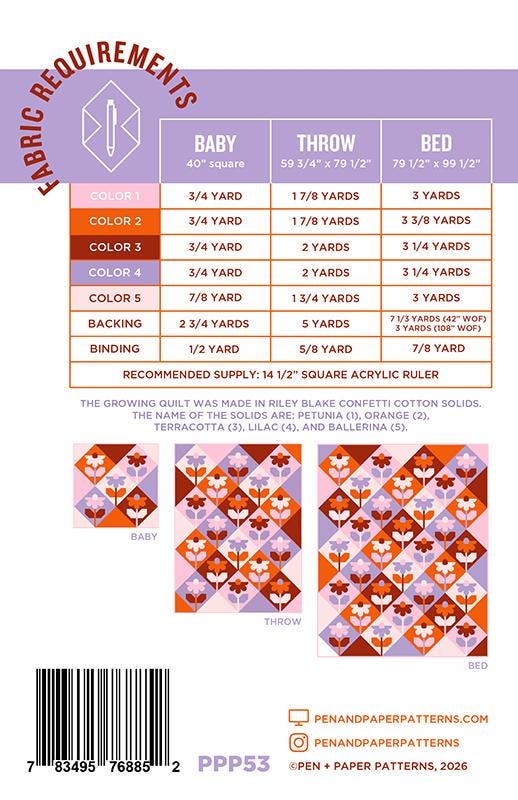 Growing Quilt Pattern, Pen and Paper Patterns PPP53, Yardage Friendly Cone Flowers Baby Throw Bed Quilt Pattern, Lindsey Neill