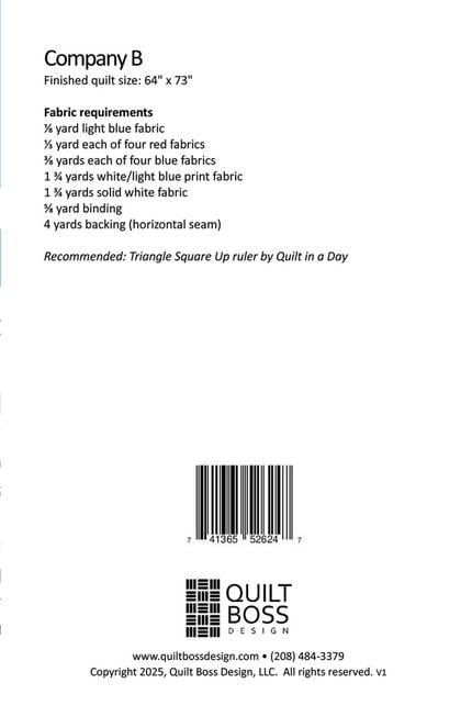 Company B Quilt Pattern, Quilt Boss QBOSS-6247, Yardage Friendly Stars Stripes Patriotic Throw Quilt Pattern, QOV FOH Pattern