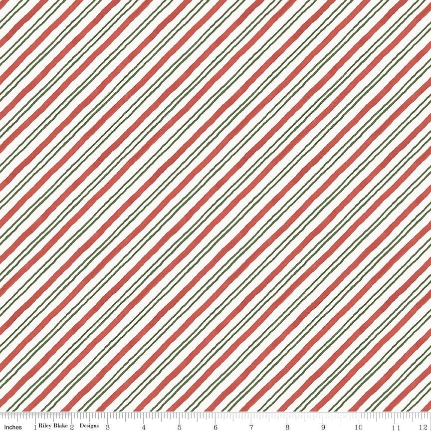 Holiday Spirit - Red Green Striped Christmas Fabric, Riley Blake C17465-Multi, Bias Stripe Christmas Xmas Fabric, Lisa Audit, By the Yard