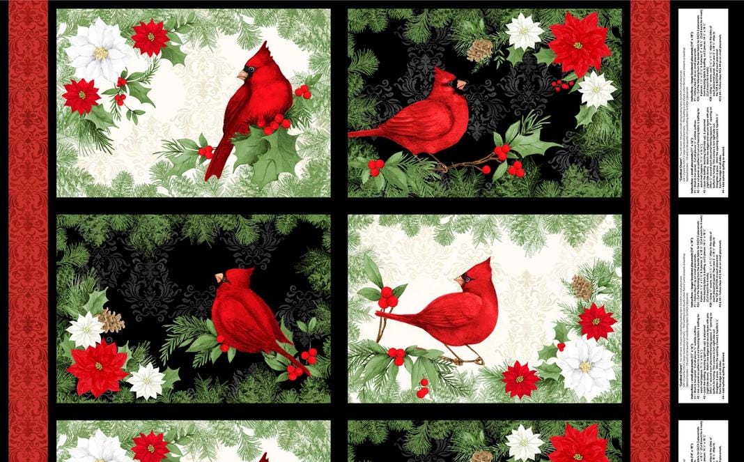 Cardinal Charm - 24" Christmas Place Mats Fabric Panel, Wilmington Prints 39925-931, Christmas Cardinals Placemats Fabric Panel, By the Yard