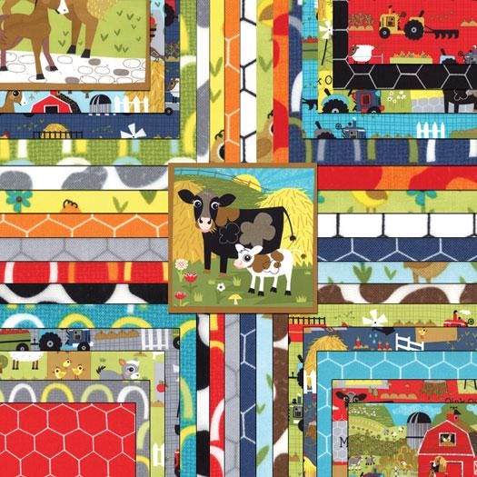 Oink A Doodle Moo 5" Charm Pack OOP, Moda 30520PP, Precut 5" Farm Animals Barnyard Juvenile Primary Colors Fabric, Jenn Ski