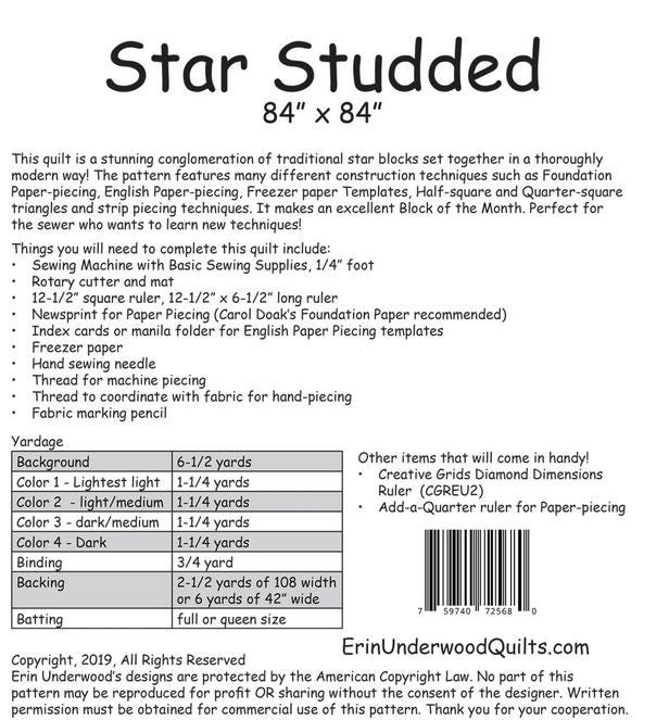 Star Studded BOM Pattern, Erin Underwood EUQ318, Yardage Friendly Skill Builder Star Quilt Pattern, EPP FPP Pattern