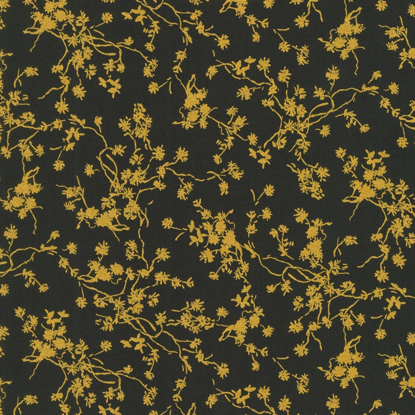 Rosette - 2-Yard Cut of Black Gold Floral Blender Fabric, Robert Kaufman SRKM212852, Gold Metallic Vines on Black Fabric