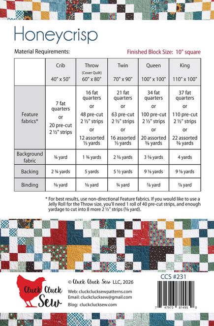 Honeycrisp Quilt Pattern, Cluck Cluck Sew CCS231, Jelly Roll Fat Quarter FQ Friendly Easy Throw Baby Queen King Bed Quilt Pattern