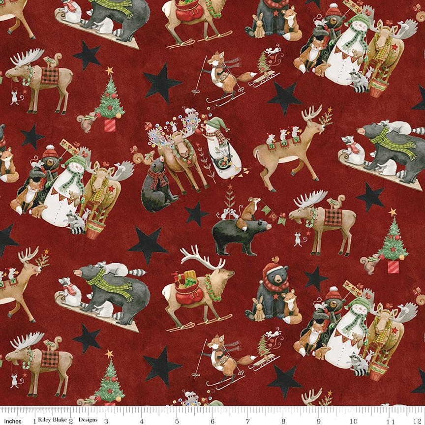 Northern Christmas - Main Christmas Animals on Red Fabric, Riley Blake C17830-Red, Snowman Moose Bear Xmas Fabric, Teresa Kogut, By the Yard