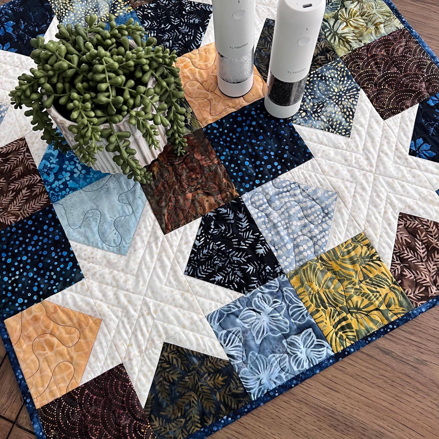 Blue Brown Batik Star Quilted Table Topper, 26.5" x 26.75", Handmade Navy Brown Cream Batik Stars Table Topper Quilt