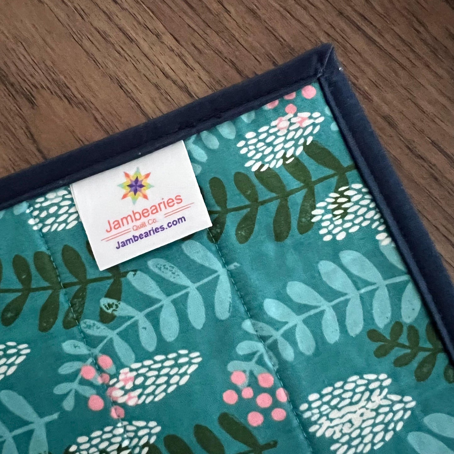 Navy Blue Pink Teal Floral Quilted Table Runner, 17" x 40", Handmade Blue Pink Green Teal Patchwork Table Runner Quilt