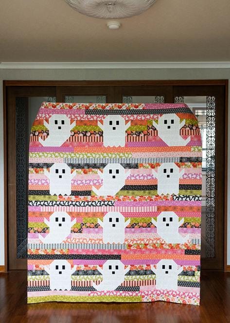 Jelly Ghosts Quilt Pattern, Modernly Morgan MM-029, Jelly Roll Yardage Friendly Halloween Ghost Throw Quilt Pattern, McCollough