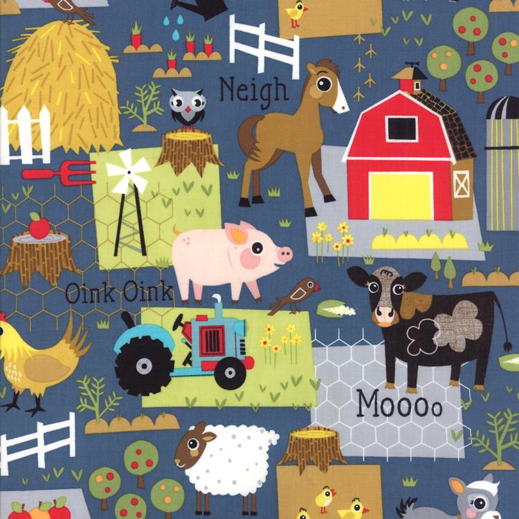 REMNANT 1 Yard 18" of Oink a Doodle Moo - Farm Animals on Blue Fabric, Moda 30522-17 Denim, Jenn Ski