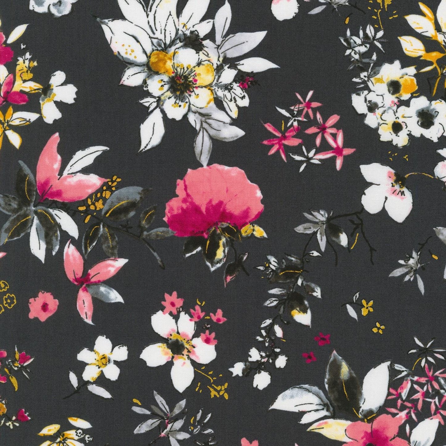 Rosette - 2-Yard Cut of Black Pink Gold Floral Fabric, Robert Kaufman SRKM21282184, Pink White Red Gold Flowers on Black Fabric