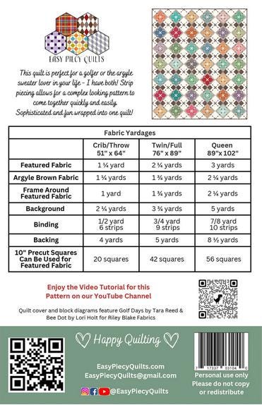 Match Play Argyle Quilt Pattern, Easy Piecy Quilts EPQ126, Yardage Layer Cake Friendly Argyle Plaid Crib Throw Twin Queen Bed Quilt Pattern